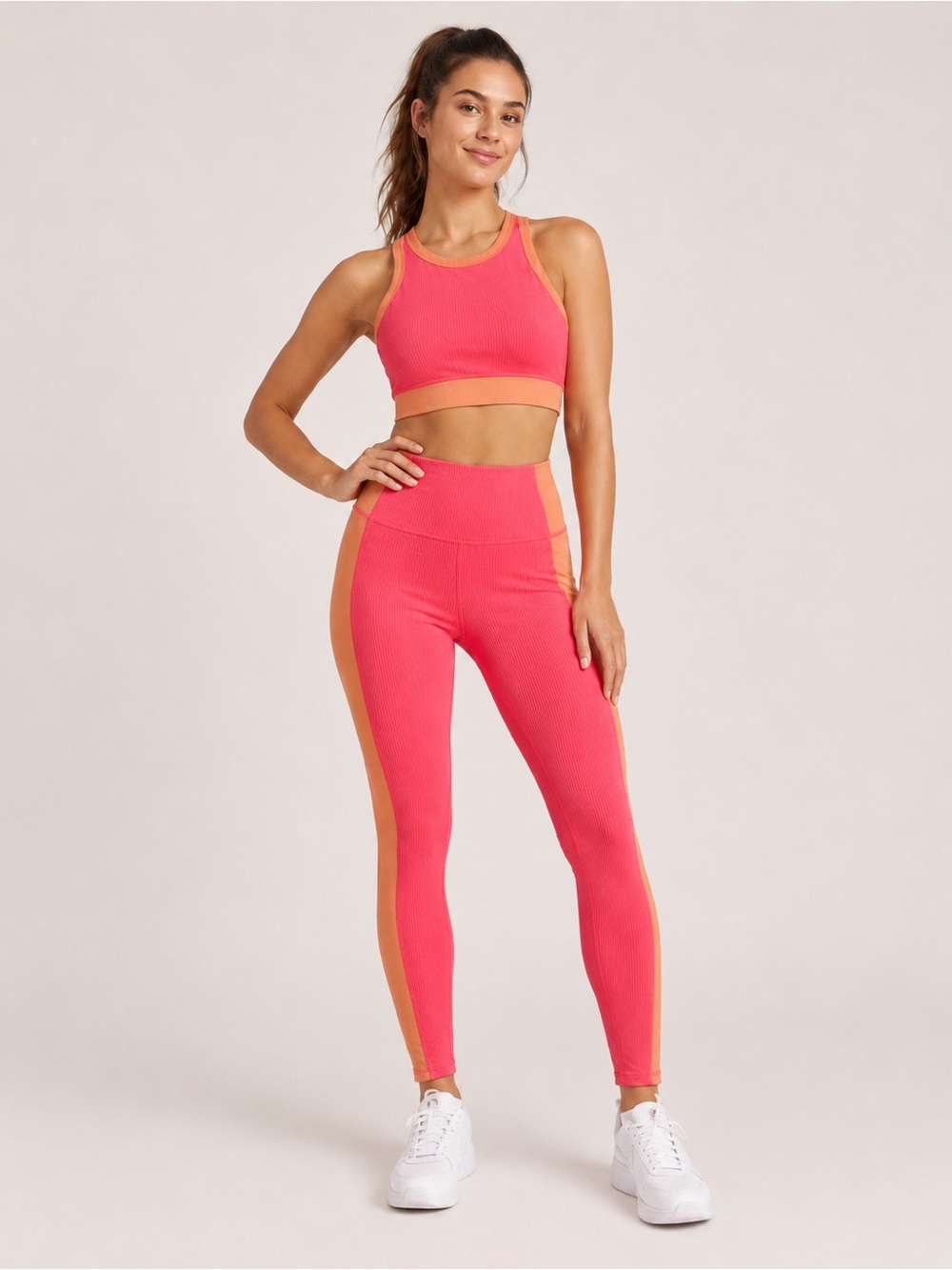 Wilo The Label Ribbed Sports Bra Leggings Set Pink Peach Size Small